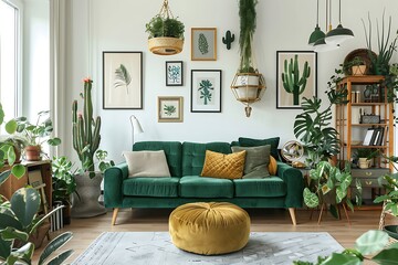 Wall Mural - Interior of modern living room with green sofa and mock up poster frame