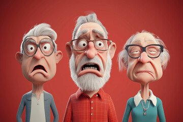 Three elderly men are standing in a row, with one of them wearing glasses and an orange sweater. Scene is serious and contemplative, as the men appear to be deep in thought