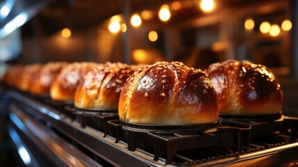 A freshly baked loaf of bread on a conveyor belt, glistening with a golden crust and ready to be devoured.