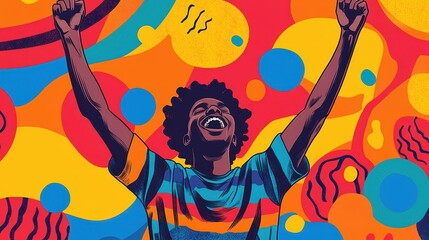 Wall Mural - Vibrant Retro Illustration of a Joyful Young Gay Man Cheering in Minimalistic Studio Setting