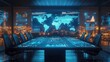 © Kedsara - Global business meeting with digital screens showing future growth predictions, multinational market trends displayed in holographic graphs, global business growth, future strategy