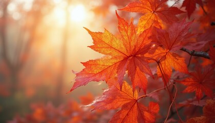 Brilliant Orange Maple Leaves Illuminated by the Sun in Autumn