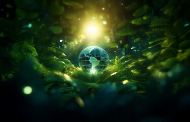 A glass globe sits in a forest, backlit by the sun shining through the trees.