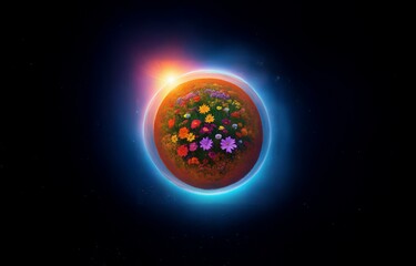 a glowing blue planet with a field of vibrant flowers against a starry black space.