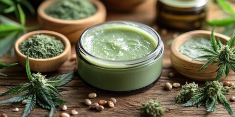 cannabis cream surrounded by fresh plants and cbd products on rustic wood