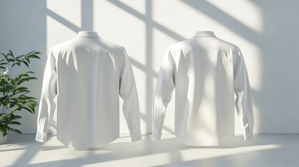 3D render of blank long-sleeve collared shirt mockup, front and back views for t-shirt print design, clear window background