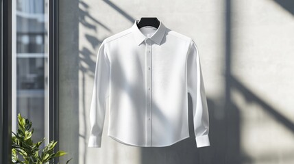 Blank long-sleeve collared shirt mockup, plain front view in white for t-shirt design presentation, 3D render with transparent window background