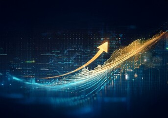 Poster - An abstract image depicting a golden arrow pointing upward on a blue background with a grid of data and lines.
