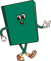 Poster - Book groovy character. Isolated cartoon vector lively, retro groovy notebook or textbook personage with green cover, expressive eyes and cheerful friendly smile, showing pointing gesture with finger