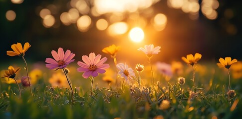 Wall Mural - Soft pink and yellow wildflowers in a field of green grass illuminated by the setting sun.