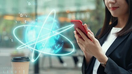 Poster - Woman using smartphone in the city and global network concept