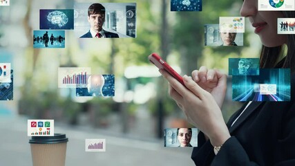 Poster - Woman using a smartphone in the city and video content concept