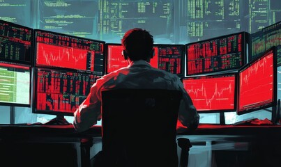 Man sits in front of multiple red screens.