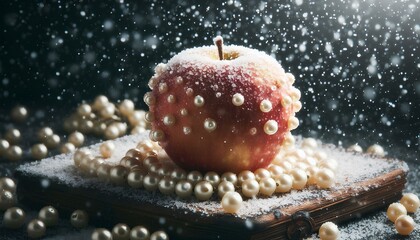 apple made of pearls against the background of falling snow