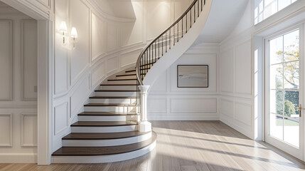 Wall Mural - A chic transitional stairway featuring a light wood staircase with white risers and an elegant curved banister. 