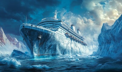 Wall Mural - A cruise ship trapped in icy waters.