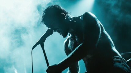 Canvas Print - A passionate singer performs on stage, engulfed in dramatic lighting and smoke.