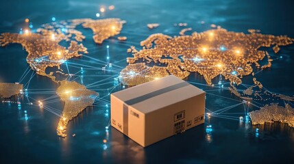 Canvas Print - A cardboard box on a digital world map, symbolizing global shipping and connectivity.