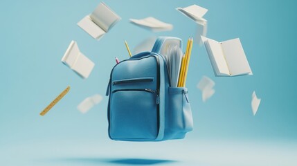 Canvas Print - A blue backpack surrounded by floating school supplies and books, symbolizing education.