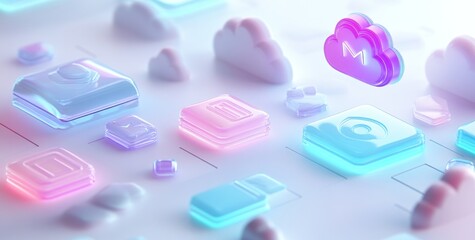 Poster - A digital illustration of cloud storage icons and data management elements in a modern design.