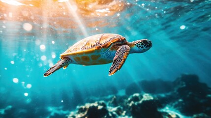 Sticker - A serene underwater scene featuring a turtle swimming gracefully through clear blue water.