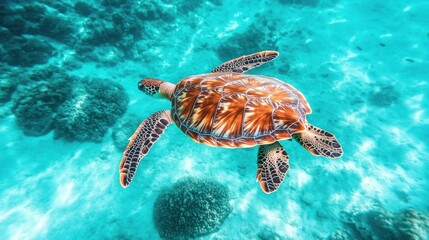 Wall Mural - A sea turtle gracefully swims through clear turquoise waters, showcasing marine beauty.