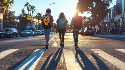 Wall Mural - Three individuals walking on a sunny street, casting long shadows against the backdrop.