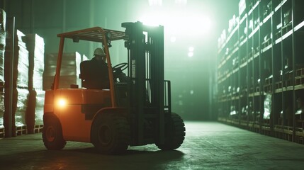 Sticker - A forklift operating in a dimly lit warehouse, highlighting industrial logistics.