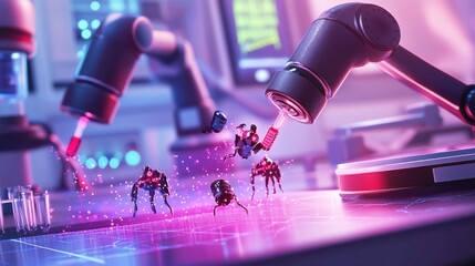 Poster - A futuristic laboratory scene with robotic arms interacting with miniature robots.