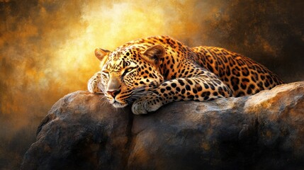 Sticker - A resting leopard on a rocky surface, illuminated by a warm, dramatic background.