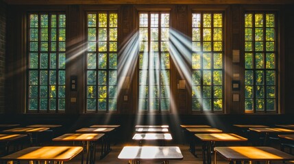 Poster - Sunlight streams through windows in a classroom, illuminating empty desks and a serene atmosphere.