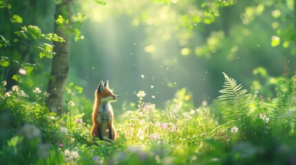 Poster - A serene fox sits in a sunlit forest, surrounded by flowers and soft, glowing light.