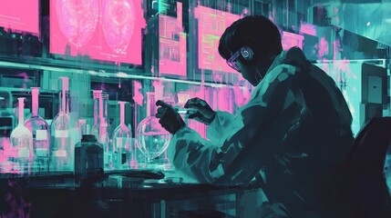 Wall Mural - A scientist conducts experiments in a vibrant laboratory filled with glassware and screens.