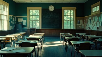 Wall Mural - A quiet classroom with empty desks, sunlight streaming in, and a chalkboard at the front.