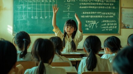 Poster - A young girl raises her hand in a classroom filled with attentive students.