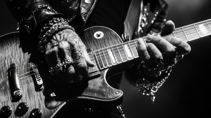 Canvas Print - A close-up of a guitarist's hands playing an electric guitar, showcasing intricate tattoos and jewelry.