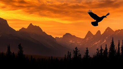 Canvas Print - A silhouette of a bird flying over a mountain landscape at sunset.