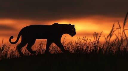 Canvas Print - A silhouetted leopard walks against a vibrant sunset backdrop.