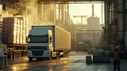 Poster - Trucks navigating through an industrial area during sunset, surrounded by cargo and machinery.