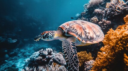 Wall Mural - A sea turtle swims gracefully among vibrant coral reefs in a clear ocean.