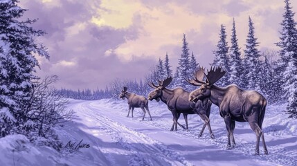 Wall Mural - A serene winter landscape featuring moose walking along a snowy path surrounded by trees.