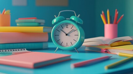 Poster - A colorful study space featuring an alarm clock, notebooks, and stationery.