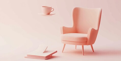 Wall Mural - A minimalist pink armchair with a floating cup and books, creating a serene atmosphere.