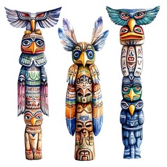 Canvas Print - Watercolor illustration of three colorful Native American totem poles with eagle and owl figures.