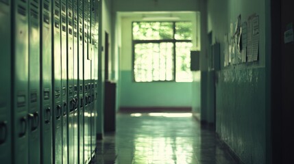 Canvas Print - A quiet school hallway with lockers and natural light filtering through a window.