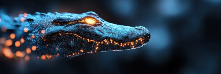 Wall Mural - A glowing, stylized crocodile head with luminous features against a dark background.