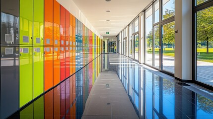 Sticker - A bright, modern hallway with colorful panels and reflective flooring, showcasing a contemporary design.