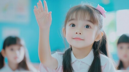 Poster - A young girl raises her hand in a classroom, eager to participate in learning.