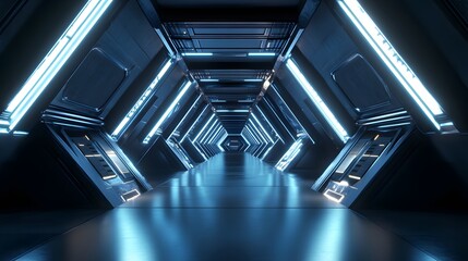 Wall Mural - abstract triangle spaceship corridor. futuristic tunnel with light. future interior background, busi