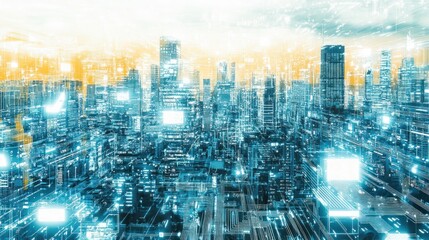 Canvas Print - A futuristic cityscape with glowing skyscrapers and a vibrant digital atmosphere.